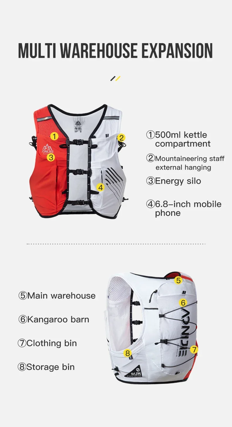 AONIJIE C9116 Newest Ren And White 10L Lightweight Running Vest Hydration Backpack for Hiking Off-road Cycling Race Marathon