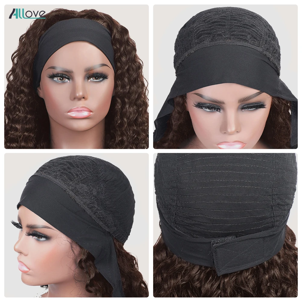 Allove #4 Brown Headband Wig Full Machine Made Wigs Deep Wave Brazilian Remy Human Hair Scarf Wig For Women Deep Curly human hair wigs