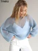 TYHRU Women's Knitted Sweaters Lady Hollow out Mesh Thin Pullover See Through Look Lantern Sleeve Loose Tops Smock 2
