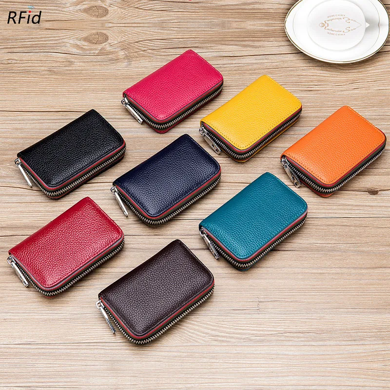 Women's Card Bag Genuine Leather Credit Card Holder Rfid Wallet Change Organizer Small Purse Zipper