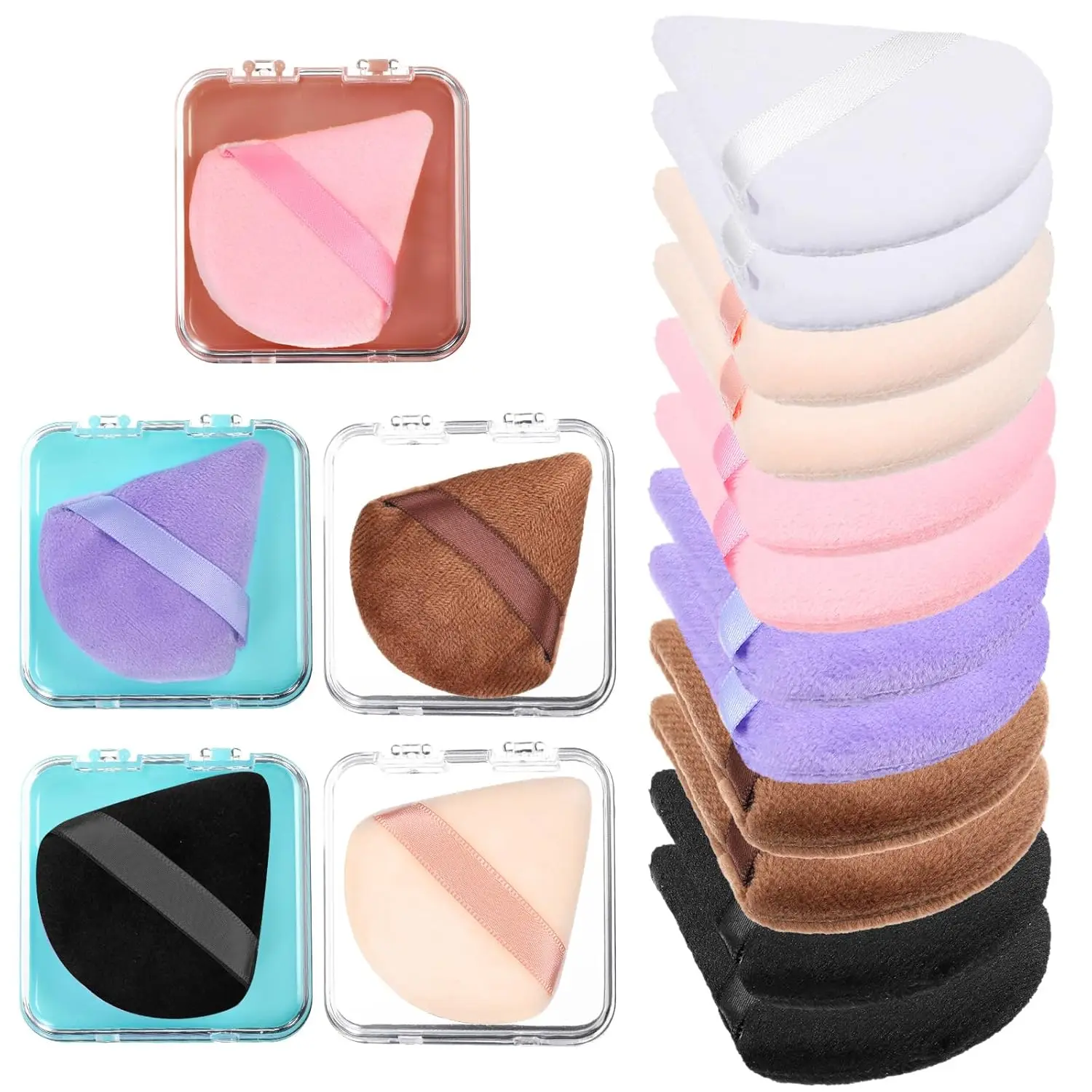 12Pcs Velour Triangle Powder Puff Set w/6 Travel Cases | Hydrophilic Latex-Free for Loose Powder  | All Skin Types Makeup Kit