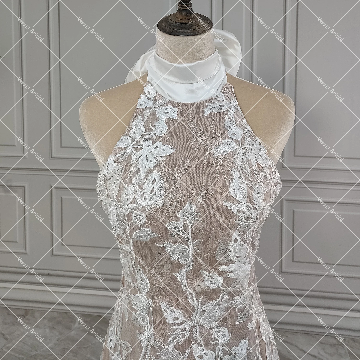 fitted lace wedding dress Halter White Lace Mermaid Wedding Dress with Detachable Sleeves –  FancyVestido main image 1