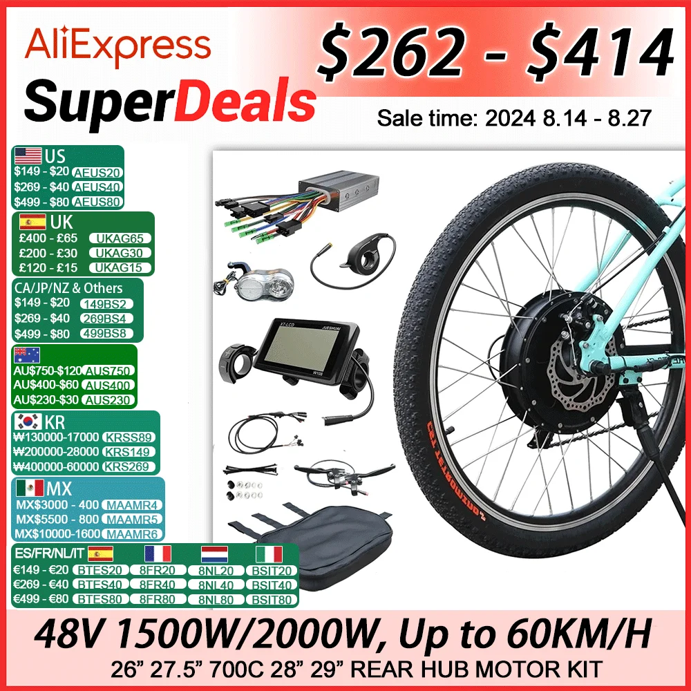 2000W Electric Bike Conversion Kit 1500W Brushless Gearless Rear Hub Motor Drive 26" 700C Mountain Ebike Electric Bicycle Part