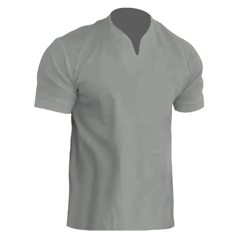 Men's Fitness Large Size Sports T-Shirt Elastic Cotton Pocket Short Sleeve Summer V-neck Polo Shirt