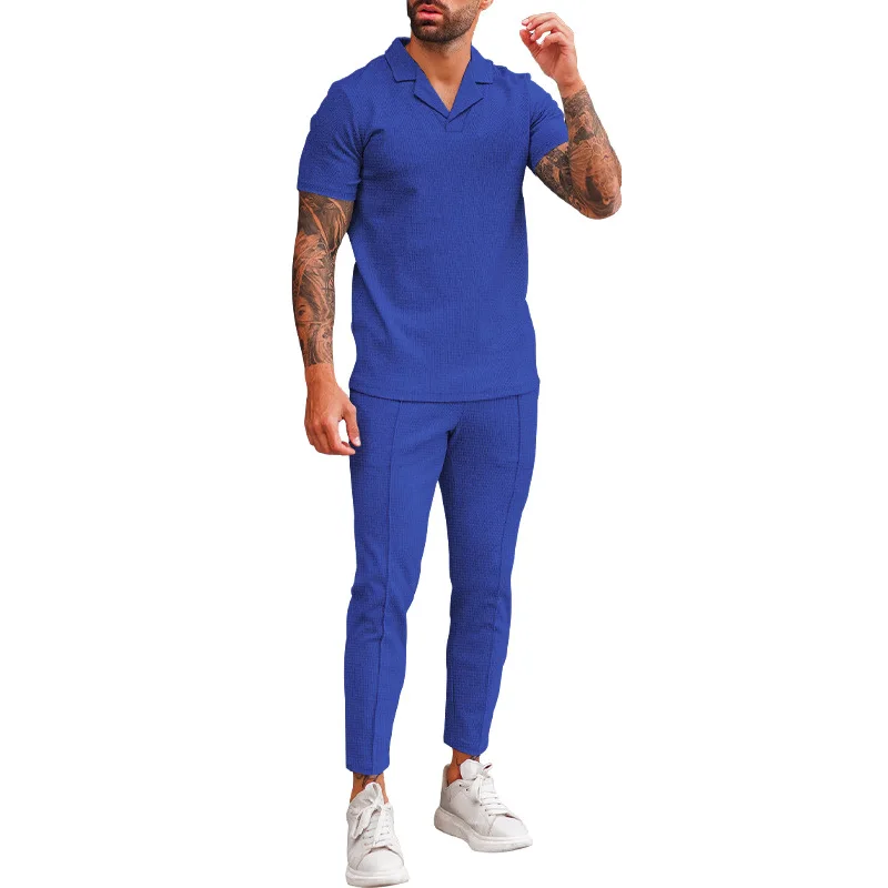 2024 Foreign Trade Summer New Waffle V-neck Casual Polo Collar Men's Short Sleeved Long Pants Set Men's Clothing 6