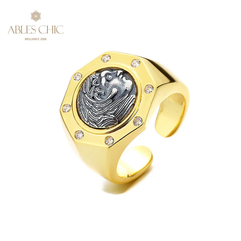 

Greek Hercules Silver Coin Octagon 18K Gold Two Tone Solid 925 Silver Roman Coins Open Vintage Ring R1038