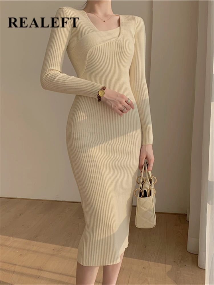 

Женское трикотажное платье-футляр с длинным рукавом и диагональным воротником