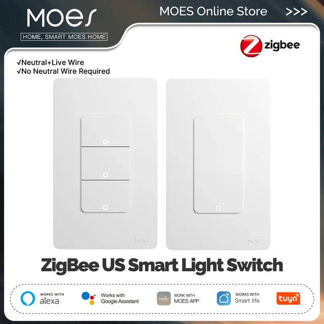 MOES Tuya ZigBee สวิตช์ไฟสมาร์ท US Push ปุ่มสวิทช์ทํางานร่วมกับ Alexa Google Home Neutral Wire/ไม่จําเป็นต้องใช้ Neutral Wire 1