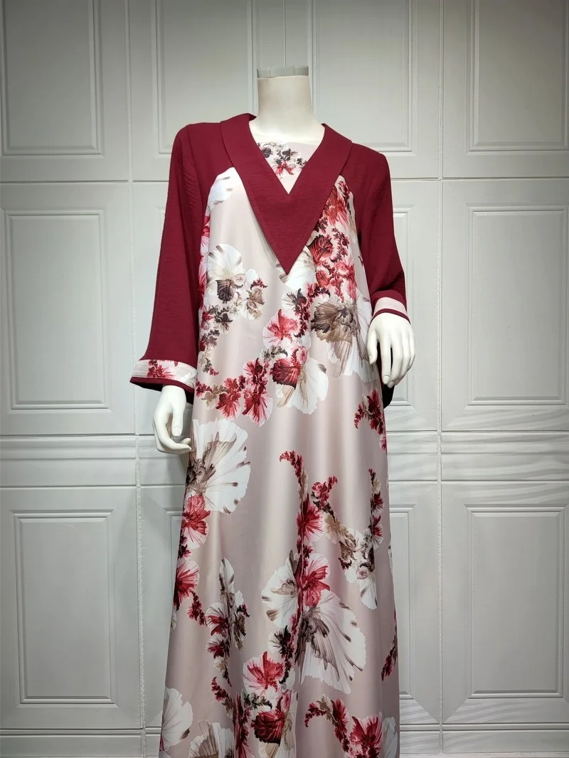 Islam Abaya Dress for Women, Print Splicing Abayas, Loose Casual Maroon Dress, Middle East Arabia