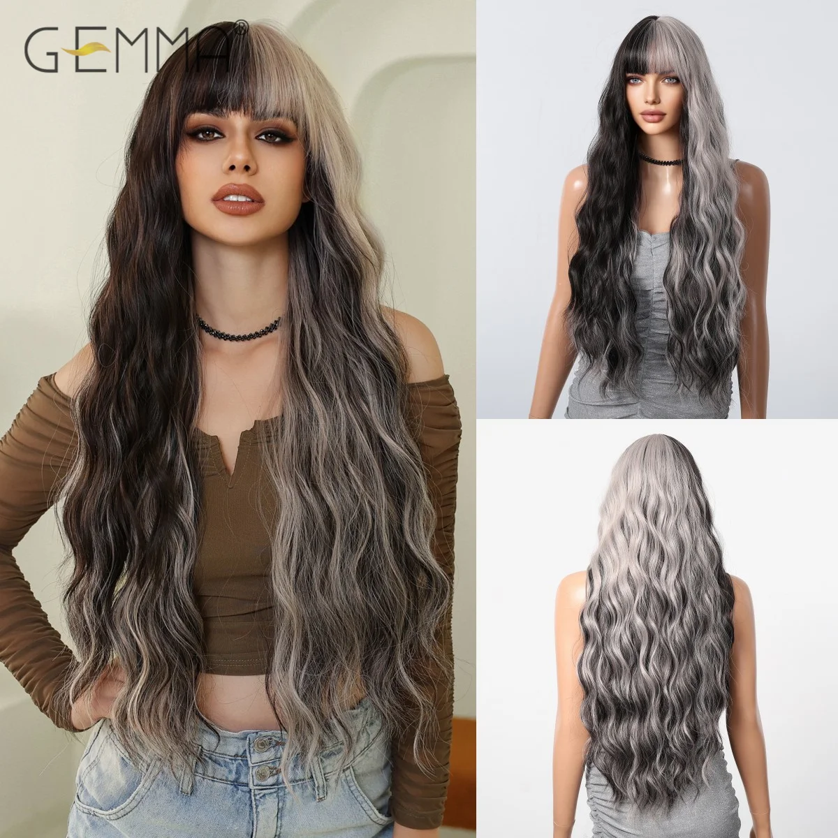 Black Brown Gray Blonde Long Curly Synthetic Wigs with Bangs for Women Deep Wave Cosplay Party Natural Hair Wig Heat Resistant shine ombre blonde wig with bangs full machine made synthetic body wave wig heat temperature fiber wig 30 inch none lace wig