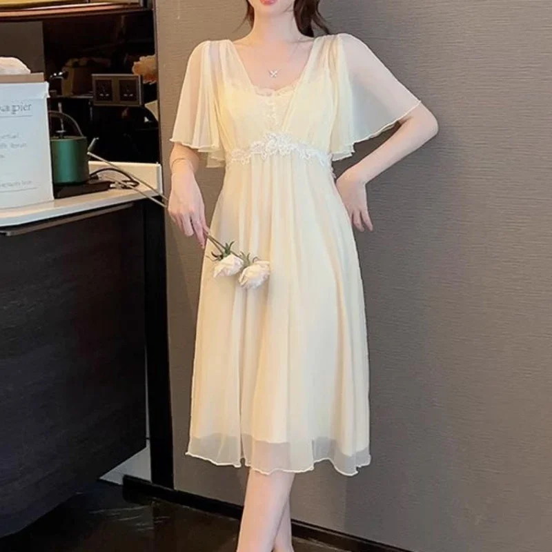Princess Sleepwear Nightwear Summer Solid Color Short Sleeve Night Dress Women Lace Round Neck Nightdress Fairy Mesh Nightgown