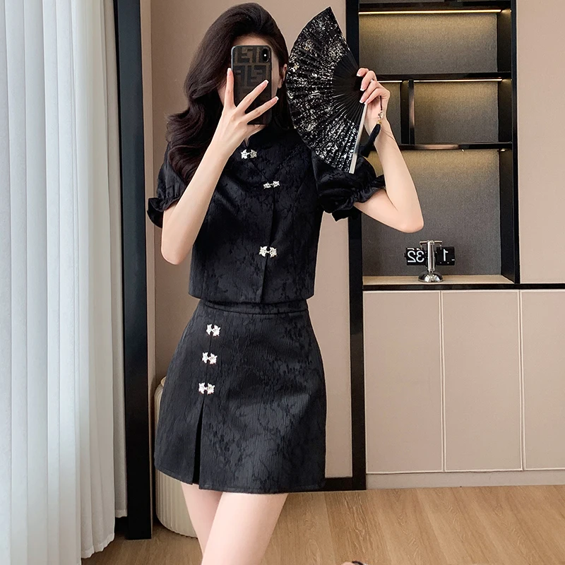 

Real Shot: Summer New Chinese Style National Style Cheongsam Light Luxury Design Sense Top and Half-length Skirt Two-piece Set
