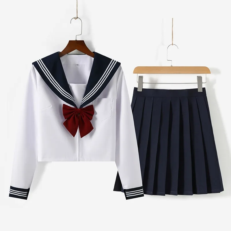 Japanese School Uniform Blue Collar White Three Book Sailor Suit JK Uniform Long Sleeve Spring and Autumn Style Pleated Skirt Suit