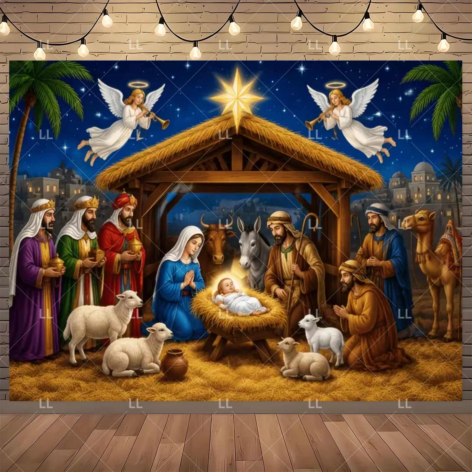 Starry Night Nativity Scene Backdrop - Traditional Christmas Party Decor and Photo Prop