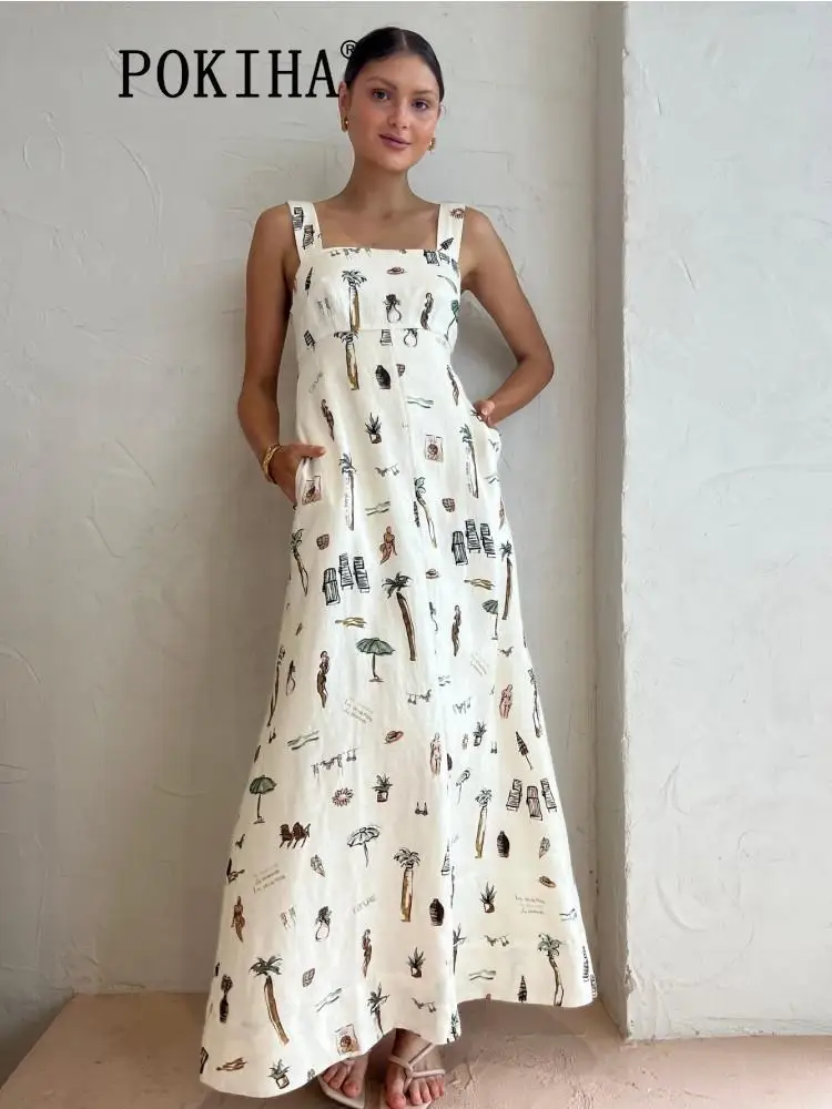 

POKIHA Women Straps Slip Long Dress Backless Fashion Print Sleeveless Summer Female Maxi Dress 2023 New Casual Elegant Vestido