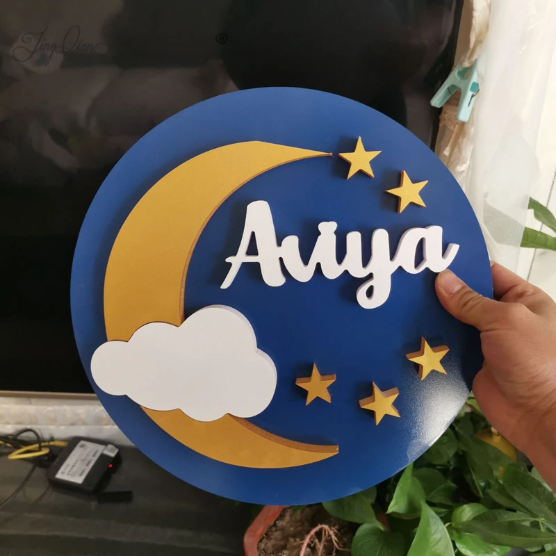 Baby Moon Name Sign, Crescent Moon Decor, Nursery Round Wood Name Sign
