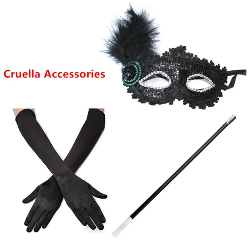 Cosplay Costume Halloween Child Cruella Masquerade Party Girls Black White Long Dress with Cape Carnival Wig Lace Mask