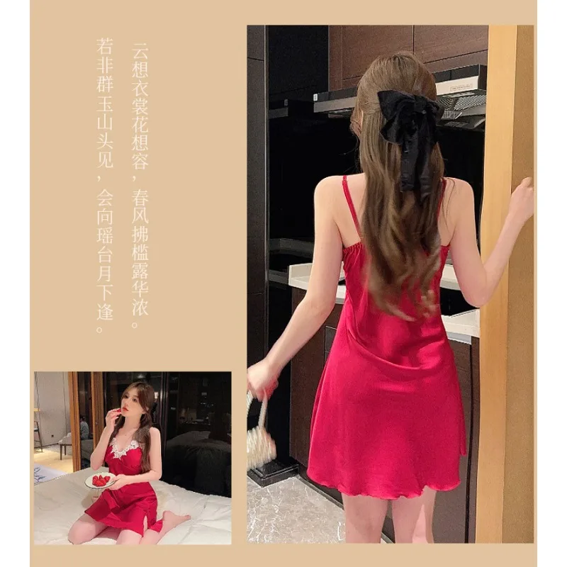 Silk Nightgown Night Dress Women Sexy Sleepwear Mini Dress Loungewear Lace Chest Pads Kawaii Clothes Pajamas Night Wear Korean