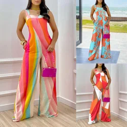Elegant Women's Sexy Jumpsuits 2023 Summer Fashion Print Hollow Temperament Casual Female Wide Leg Jumpsuit S-XXXL
