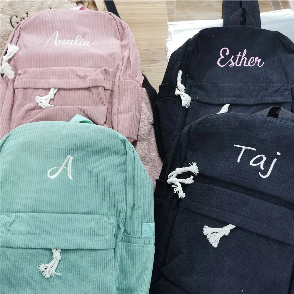 

Personalized Name Solid Color Large Campus Schoolbag Custom Boys Girls Corduroy Backpack Pink Black Color Female Gift Backpacks