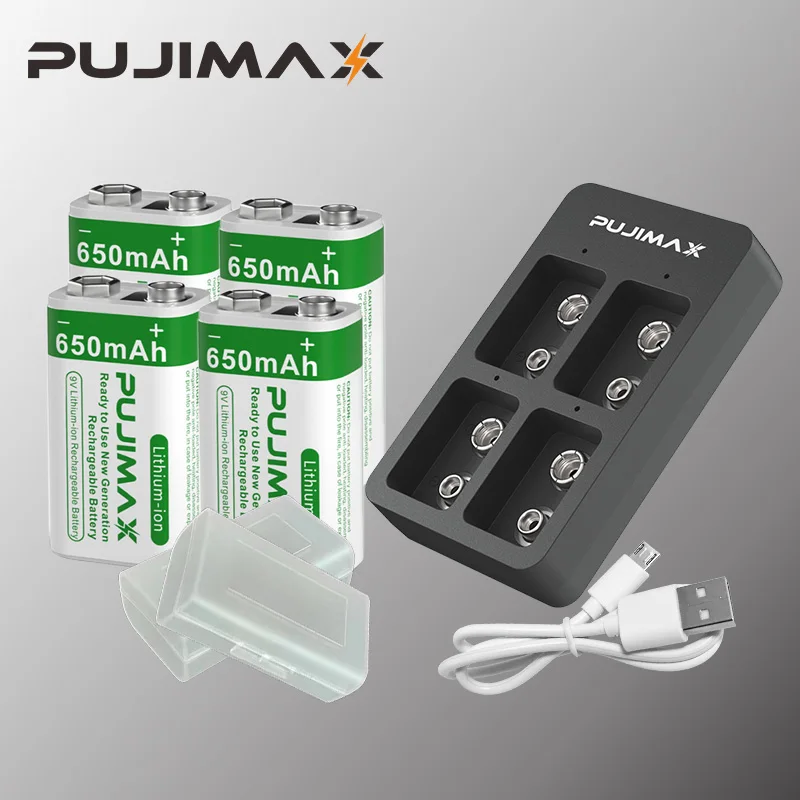 

PUJIMAX 4-slot 9V Battery Charger Smart Fast Charging With 9V 650mAh Rechargeable Li-ion For Toys Microphones Battery Durable