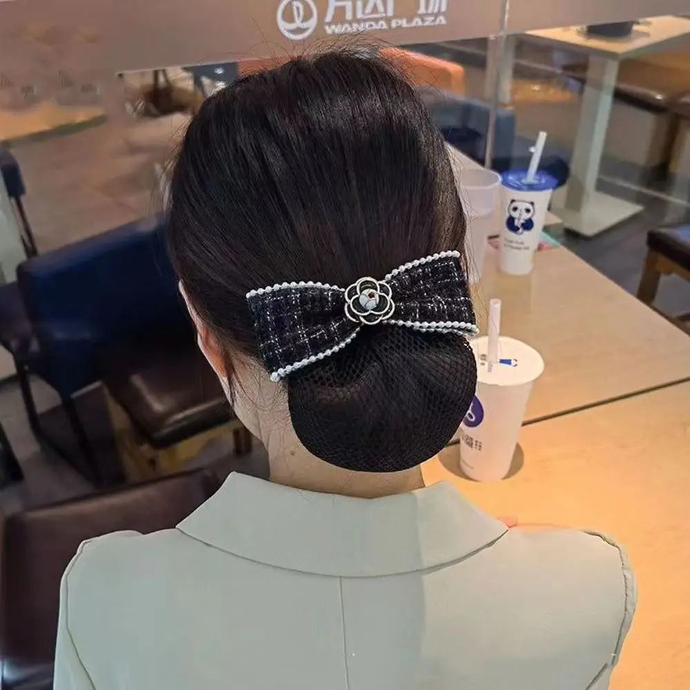 

Camellia Bowknot Ponytail Clip Cloth Hotel Women Spring Clips Professional Headdress Korean Bun Snood Hairgrips Cover Net