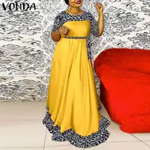 

2022 Summer Women Sundress VONDA Sexy Leopard Print Patchwork Maxi Dress Oversize Belted Pleated Long Sleeve Party Dresses Robe