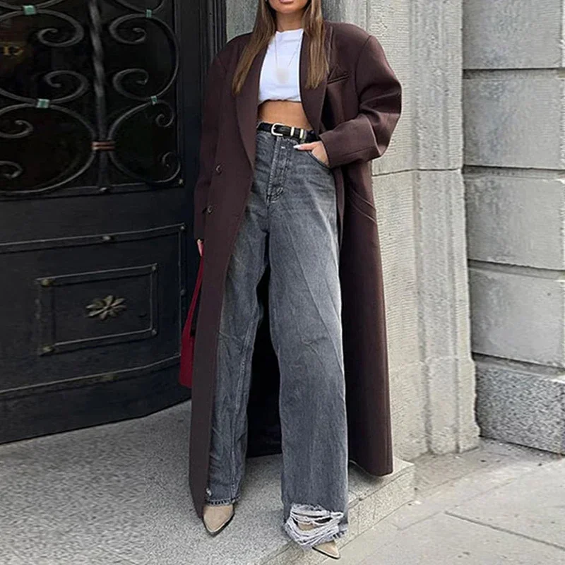 Elegant Lapel Pocket Woolen Long Trench Coat Women Fashion Full Sleeve Loose Overcoat Autumn Winter Lady Commute Outwear