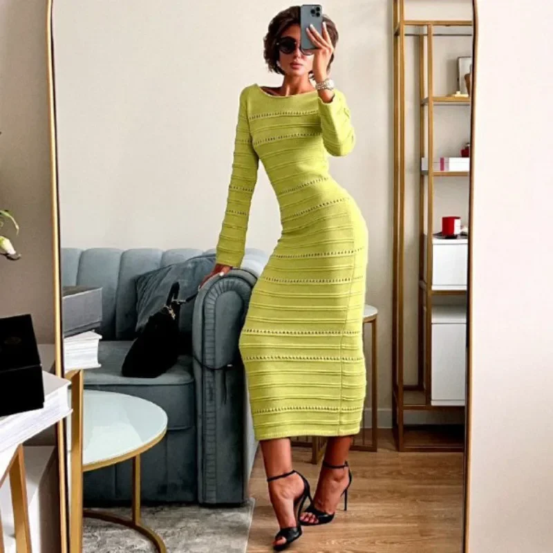 Striped Hollow Two-Wear Knitted Long Dress For Women Fashion Party Club Sweater Dress Vestido FemaleSlim Solid Outfits