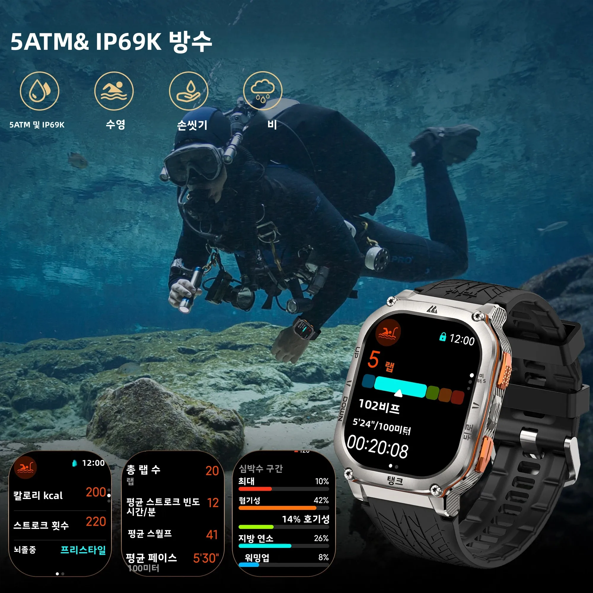 KOSPET TANK M3 울트라 GPS 스마트워치 남성용 스테인리스 스틸 5ATM 방수 블루투스 통화 24/7 건강 모니터링 안드로이드 iOS용