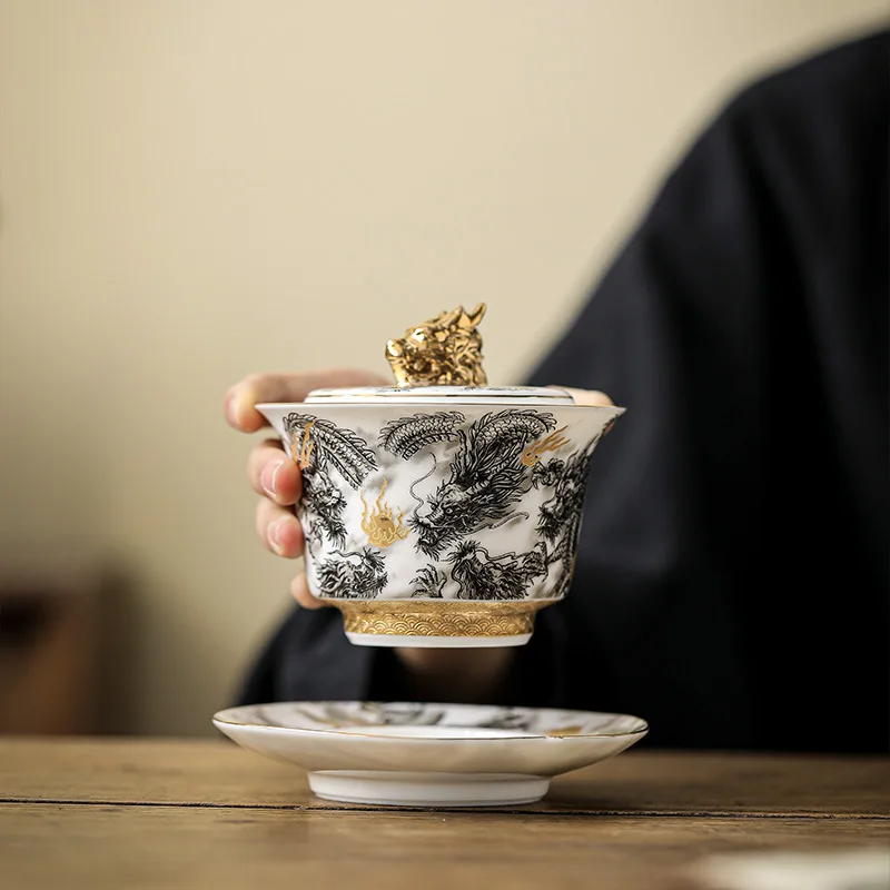 Chinese Dark Dragon White Sheep Fat Jade Porcelain Gaiwan 360&deg; Water Outlet Gold Painted High-end Retro Tea Bowl Gift Set