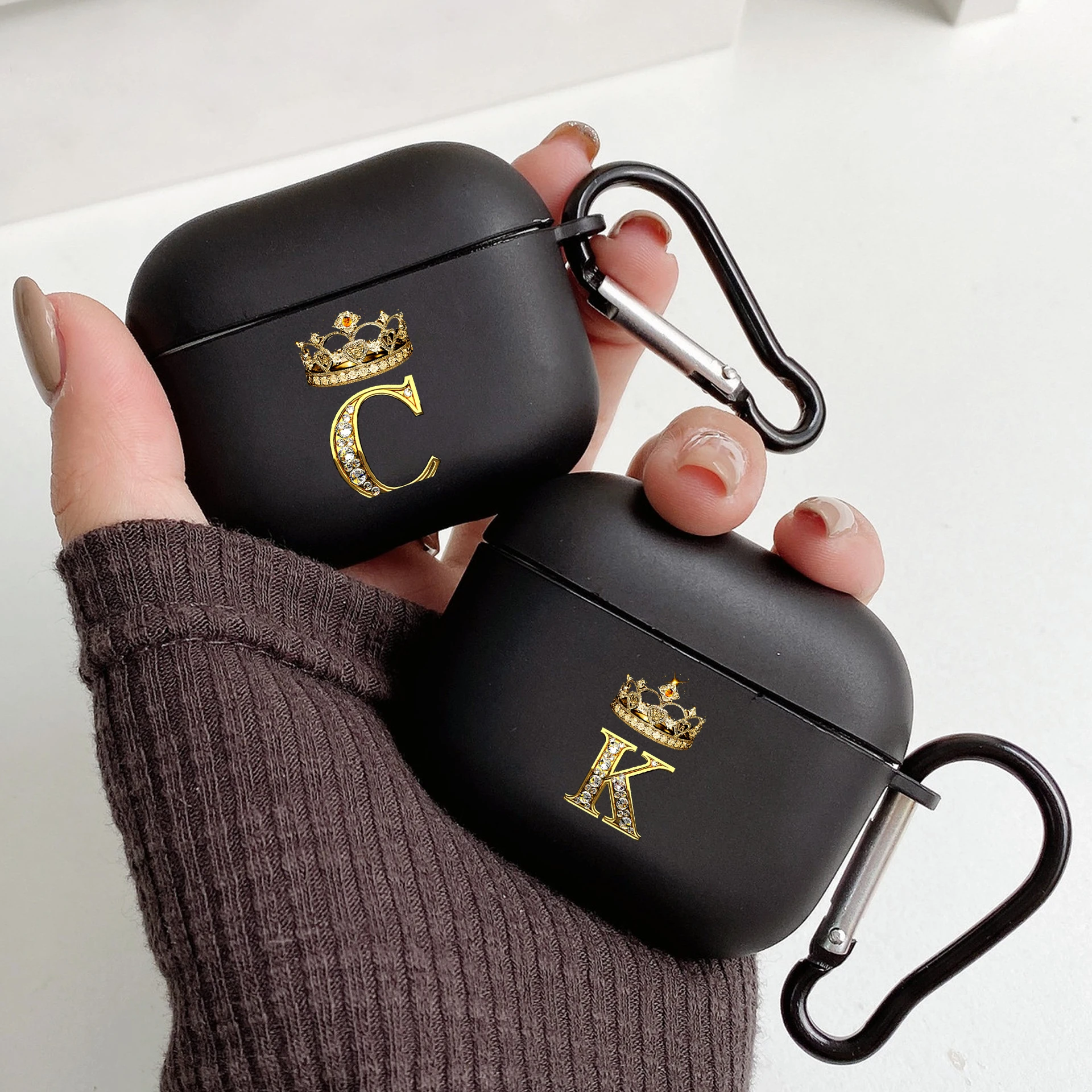 Diamond Crown Letter Hook Case - Black TPU Soft Earphone Cover