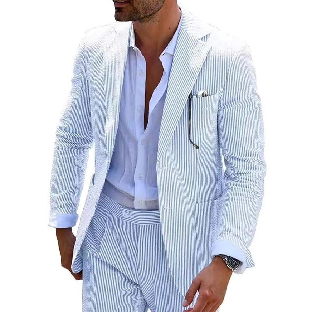 Summer Men Suits 2 Pieces Seersucker Notched Lapel Wedding Party Suit Jacket Pants Casual 2 Button Slim Fit