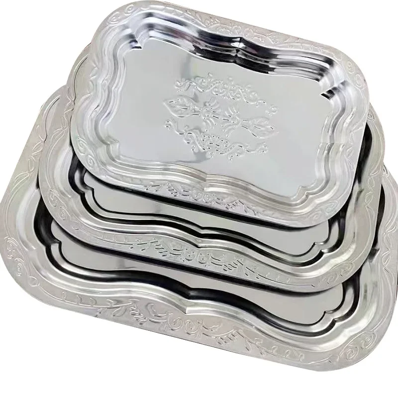 Stainless Steel Rectangular Tray with Embossed Design for Kitchen Living Room Storage Durable Fruit Snack Cake Serving Dish 1PCS