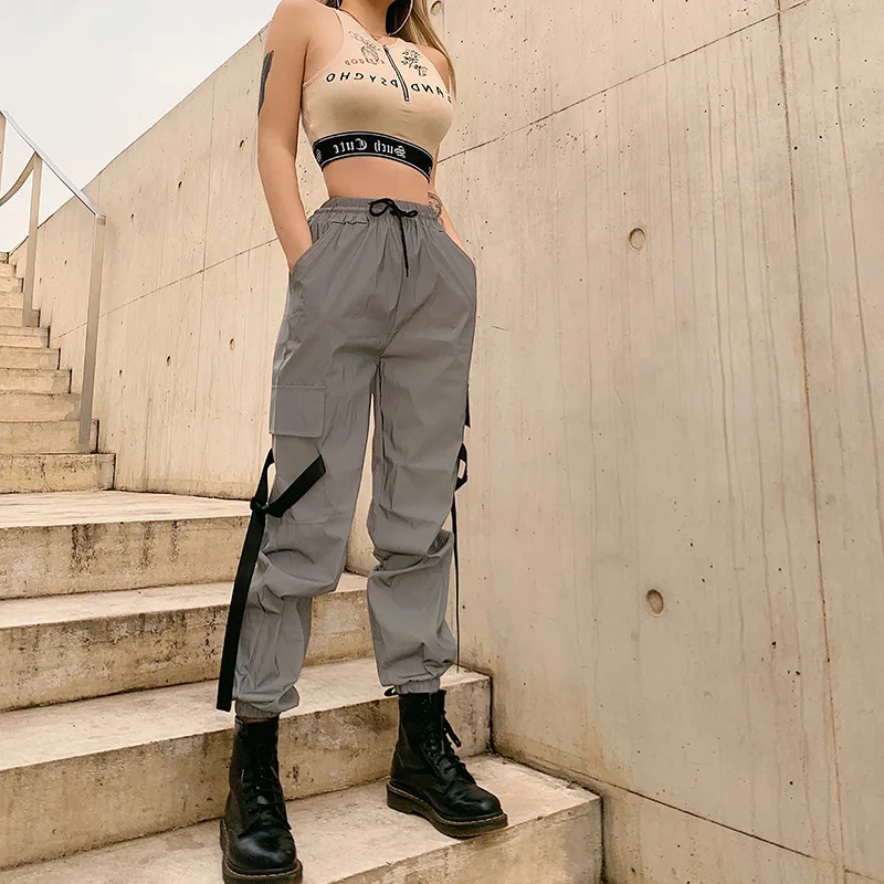 Women's Street Lace-up Cargo Casual Pants High-waisted Reflective Straight Trousers Woman