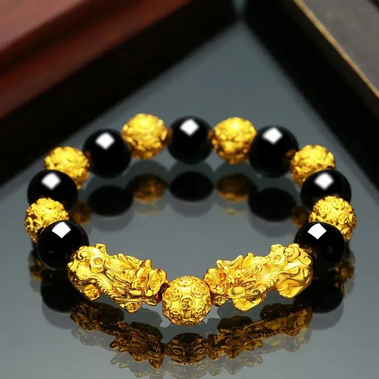 

Copy 100% Vietnam Placer Gold Pi Xiu Bracelet Men's and Women's Obsidian Gold-Plated Bracelet Lucky Buddha Beads Jewellery