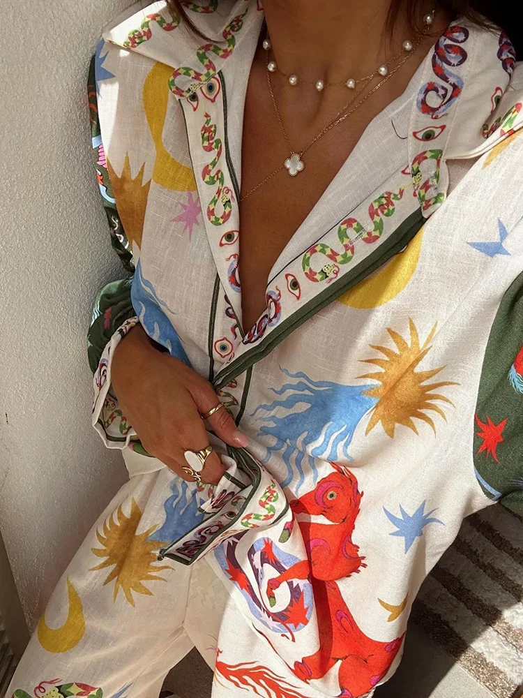 Women Suit 2 piece Suit Set Spring Summer Loose Long sleeve Floral Printed Blouse Shirt+Wide leg Elestic Waist Pants Fashion Set