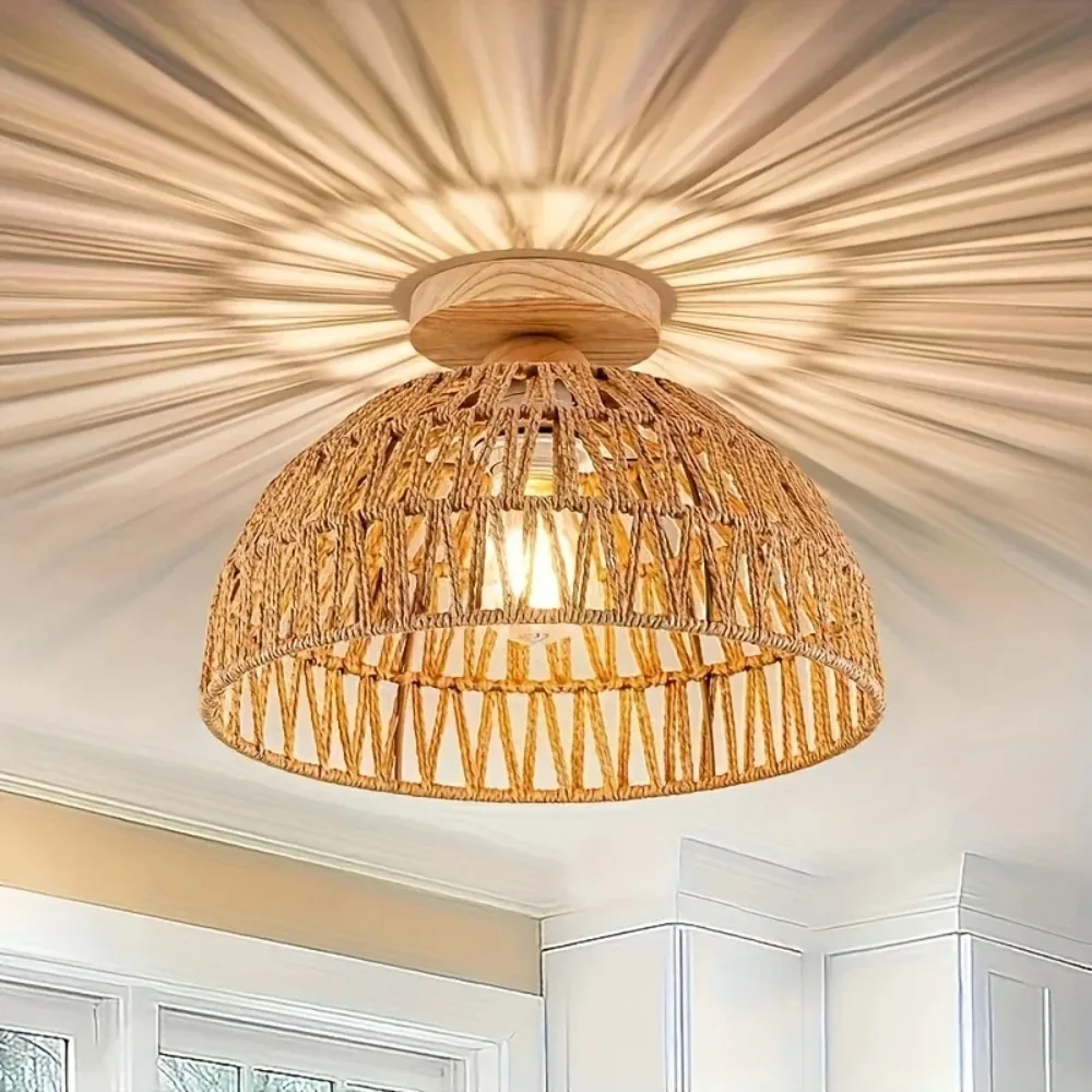 Nordic Semi-Circular Natural Handmade Wicker Lampshade Ceiling Mount for Island Cafe Bar Corridor Restaurant Bedroom Living Room
