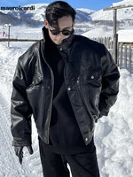 Mauroicardi Autumn Winter Waterproof Windproof Oversized Thickened Warm Black Faux Leather Jacket Men Zip Up Casual Cool Fashion 1