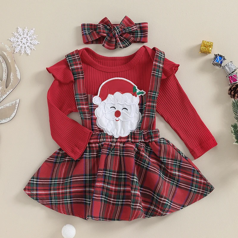 

0-24M Newborn Baby Girls Christmas Clothes Long Sleeve Elk/Santa Claus Romper with Plaid Suspender Skirt Bow Headband 3pcs Sets