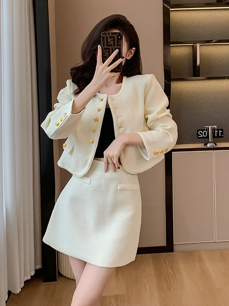 

Autumn New Single Breasted Tweed Jackets Coat + High Waist Mini Skirt 2 Piece Sets Women Outfit Elegant Luxury Office Suit