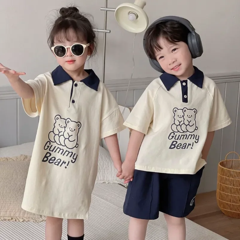 

New Brother Sister Costumes Boys Fashion Pullover Turn-down Collar Tops Solid Shorts Girls Cartoon Cute Dress Bear Dresses