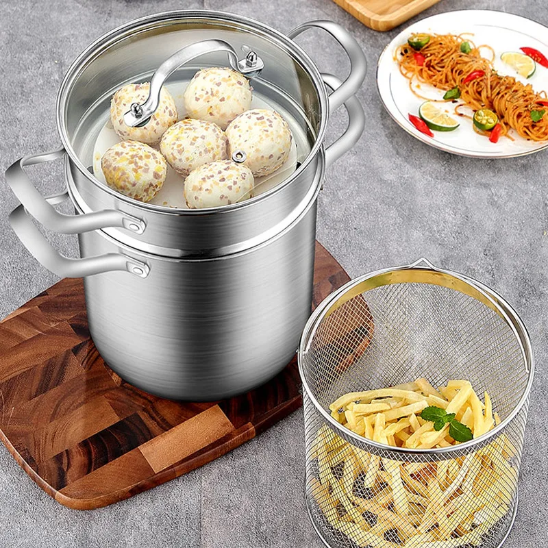 4 Pcs Stainless Steel Pasta Cooker Steamer Multipots 5 L Soup Pot With Steam Grid Fry Basket for Pasta Asparagus Kitchen Cookwar