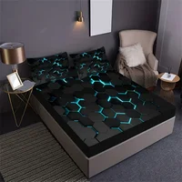 Blue 3D Hexagonal Honeycomb Geometry Print Fitted Sheet Set Column Mosaic Art Neon Mattress Covers Bedding Set With Deep Pocket 2