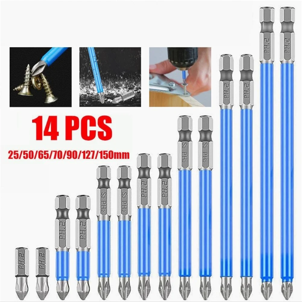 14pcs Magnetic Screwdriver Bits With  Shank PH2 Anti-Slip S2 Alloy Steel Drill Bit Set For Woodworking Mechanical Manufacturing