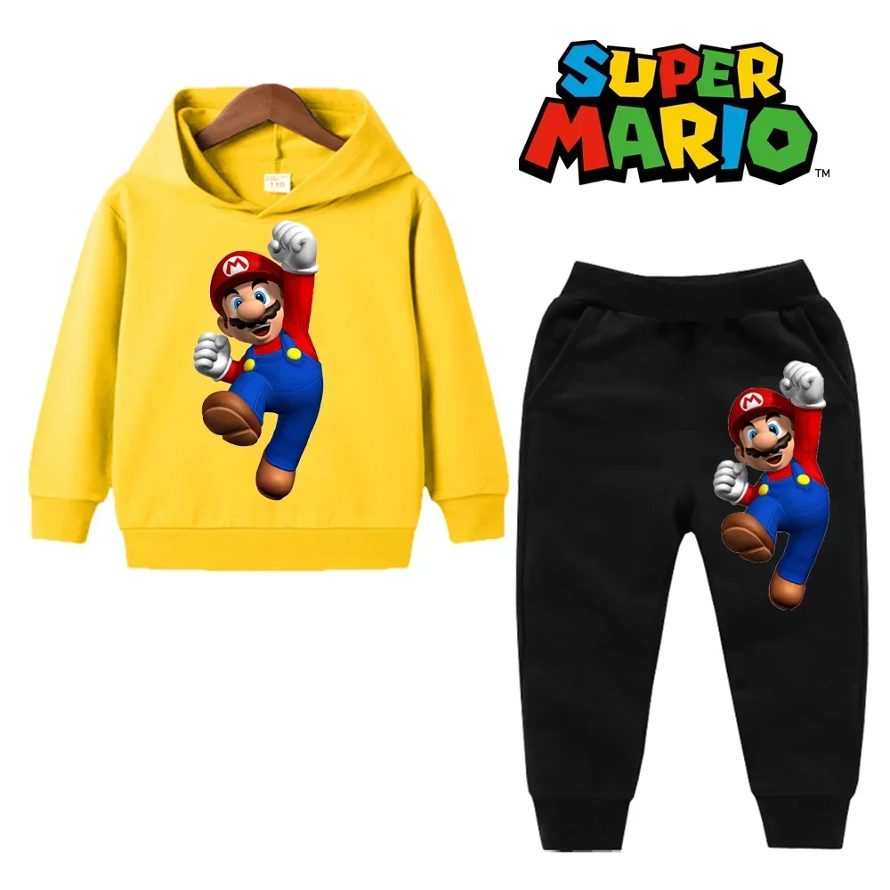 Kids Mario Bros hoodie and pants sportswear set, spring/autumn outfit for boys and girls, fun gaming-themed children’s clothing ages 2–14. yellow