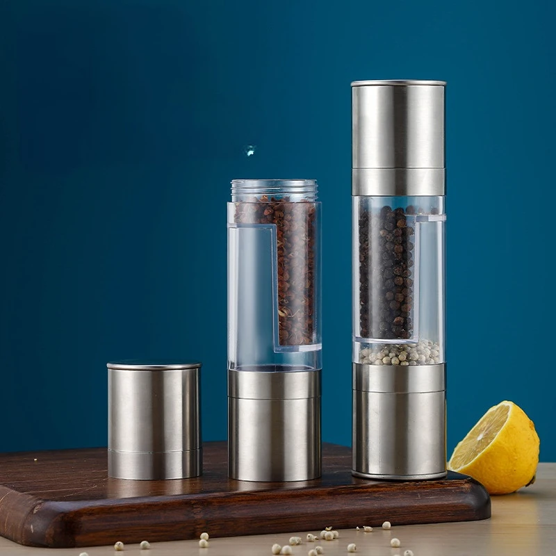 Dual Purpose Pepper Grinder Stainless Steel Double Head Kitchen Tools Sea Salt & Black Pepper Spice Manual Double Head Grinder