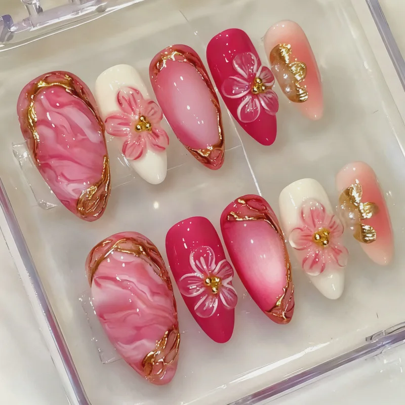 24PCS Pink Almond Press-On Nails with 3D Floral Design and Golden Pearl Accent