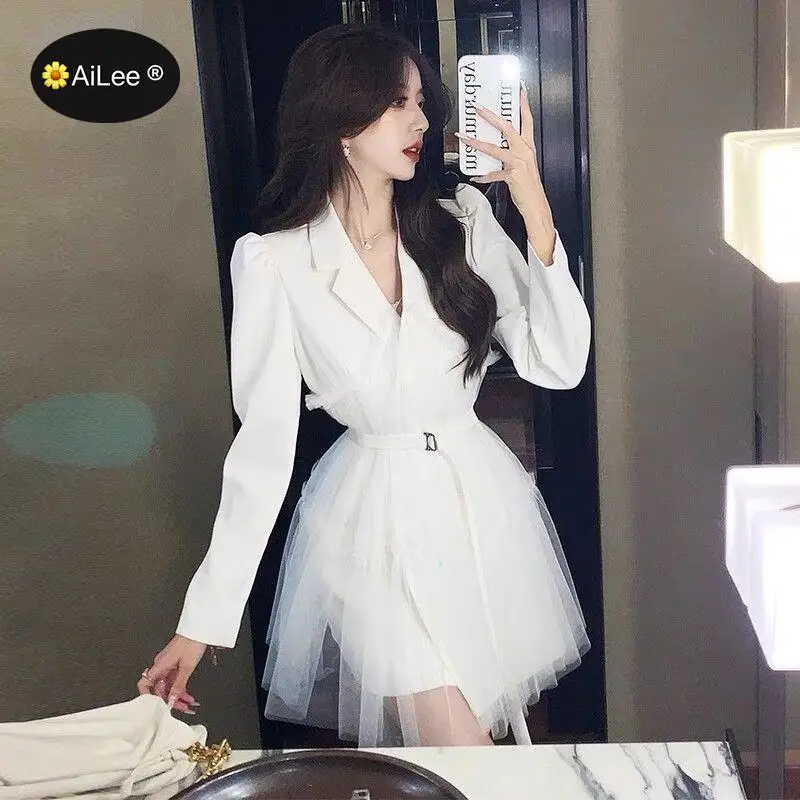 L-4XL Autumn Winter Fashion Blazer Puff Sleeve Mesh Ruffle Dress Women Elegant Retro Chic Blazer Ball Gown Dress Women Trench