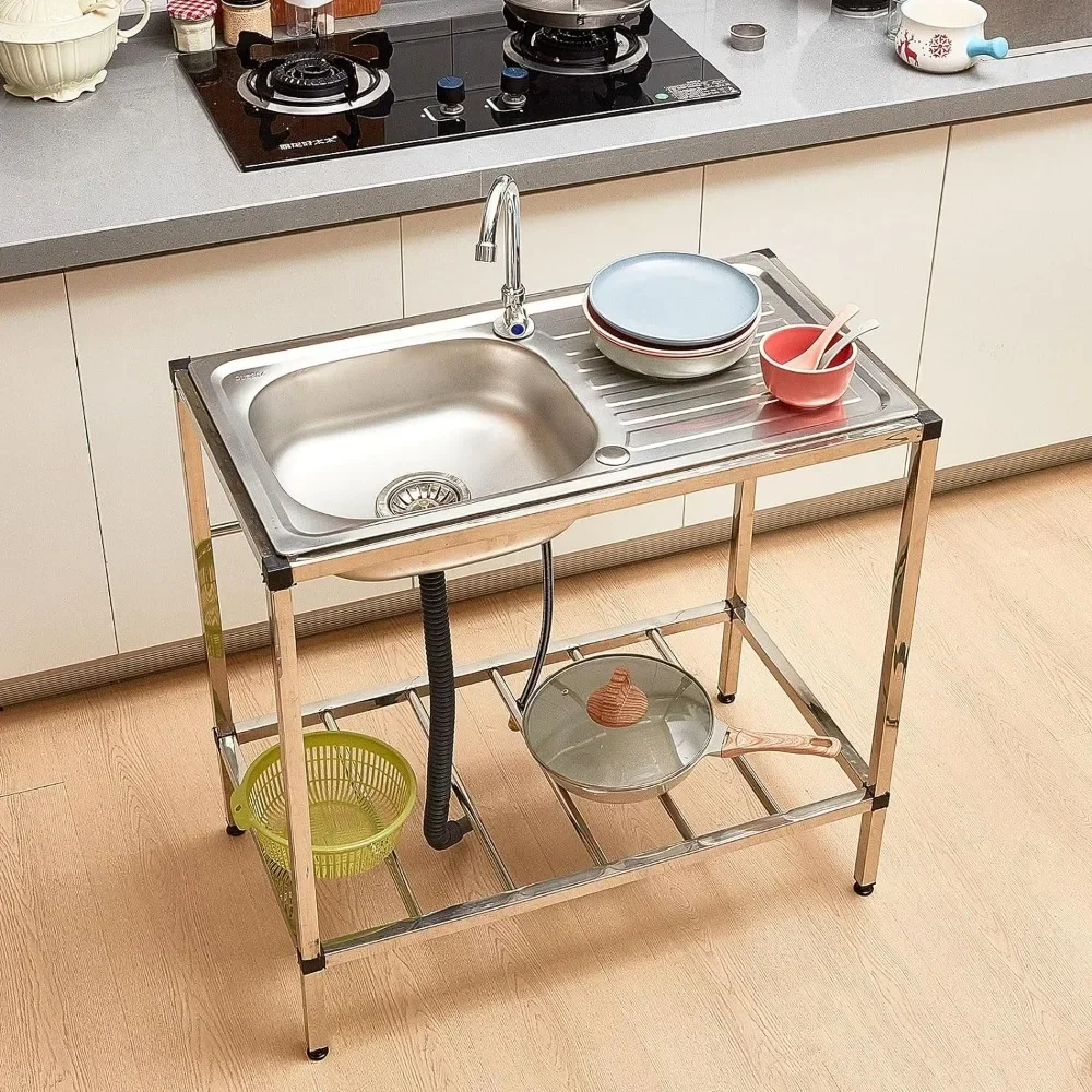 Tandefio Freestanding Outdoor Kitchen Utility Sink Set Stainless Steel Single Bowl Sink Commercial Restaurant Utility Portable
